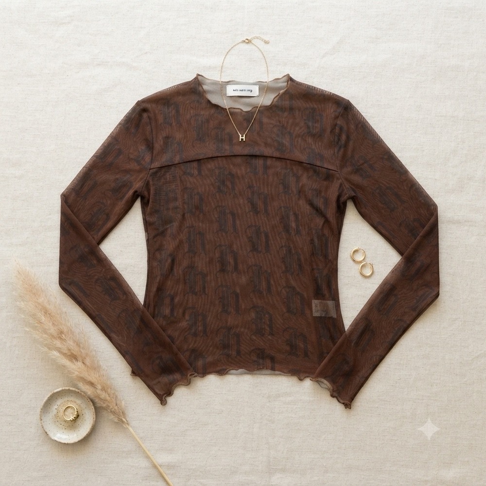 Honor The Gift Mesh LS Knit Women S Brown Gothic Sheer Lettuce Trim Streetwear